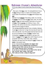 English Worksheet: Robinson Crusoes Adventures_reading comprehension and wordsearch