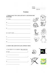 English worksheet: Worksheet with I like / dont like - has he / she got - I can / cant