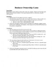 English Worksheet: Business Ownership Game: Partnership vs. Corporation