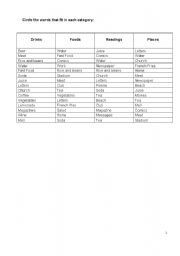 English worksheet: Circle the words that fit in each category