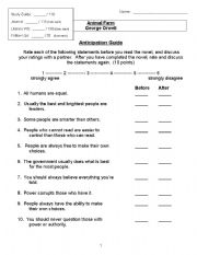 English Worksheet: Animal Farm Anticipation Guide