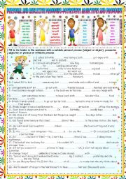 English Worksheet: PERSONAL PRONOUNS (SUBJECT-OBJECT) -POSSESSIVE ADJECTIVES AND PRONOUNS- REFLEXIVE PRONOUNS (KEY INCLUDED)