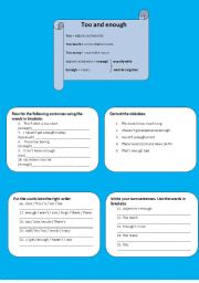 English Worksheet: too, too much, too many, enough