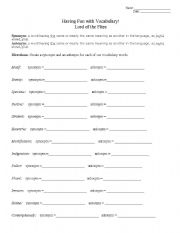 English Worksheet: LOTF Vocabulary