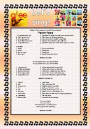 English Worksheet: GLEE SERIES SONGS FOR CLASS! S01E20  THREE SONGS  FULLY EDITABLE WITH KEY!  PART 2/2