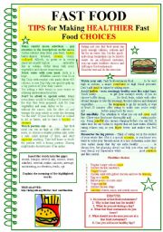 English Worksheet: FAST FOOD (Tips for making HEALTHIER fast food choices)