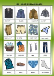 English Worksheet: HIS CLOTHES - FLASCARDS FOR BEGINNERS - B&W