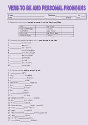 English Worksheet: Verb To Be and personal pronouns