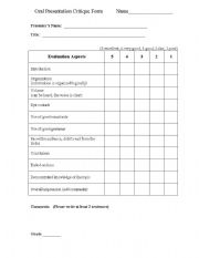 English Worksheet: Presentation Critique Form