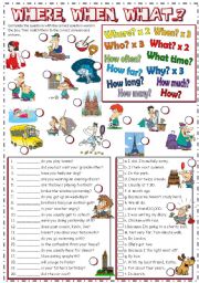 English Worksheet: WHERE, WHEN, WHAT...? - question words (B&W + KEY included)