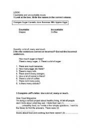 English Worksheet: Countable and Uncountable nouns; a lot of, many and much; a/ an, some /any.