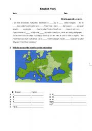 English Worksheet: English test articles, countries, nationalities, Present Continous and Demonstratives