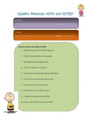 English Worksheet: Relative Pronouns with WHO and WHICH