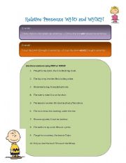 English worksheet: Relative Pronouns with WHO and WHICH