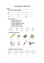 English Worksheet: numbers, school objects, colours