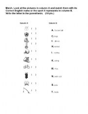 English worksheet: Match. Sports and equipments