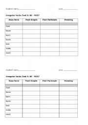 English worksheet: Irregular verbs test 5: BE-MEET