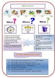 English Worksheet: Present Simple (My work day and Day off) Question words (when, where, what)+pictures)