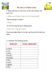 English Worksheet: the story of chicken Licken and personal pronouns