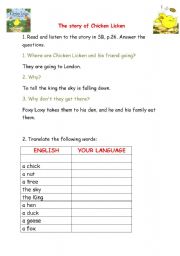 English worksheet: the story of chicken Licken and personal pronouns