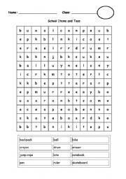 English worksheet: School Items and Toys Word Search