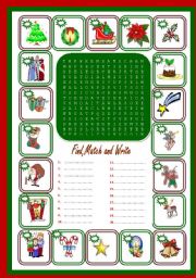 English Worksheet: Merry Christmas wordsearch + key