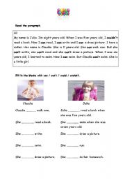 English Worksheet: Can-Could Reading Sheet