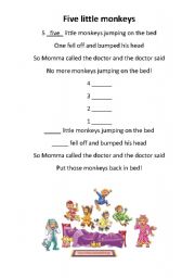 English Worksheet: 5 little monkeys (with visual aids)