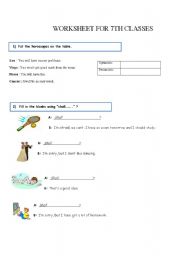 English worksheet: Worksheet for 7th classes