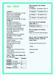 English Worksheet: Can/Cant :Ability or Inability /Request  or Offering help