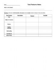 English Worksheet: Text Feature Notes