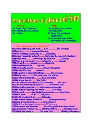 English Worksheet: prepositions of place and time