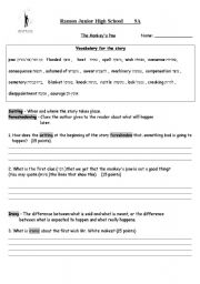 English Worksheet: The Monkeys Paw - Literary Elements