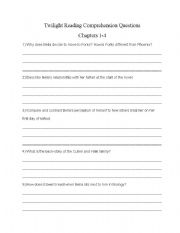English worksheet: Twilight Comprehension Questions Chapters 1-4