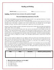 English Worksheet: Reading  a personal experience story
