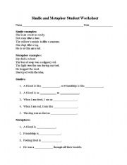 English worksheet: Simile and Metaphor Worksheet