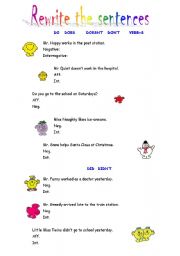 English Worksheet: Rewrite these sentences in Present Simple and Past Simple into affirmative, negative and interrogative