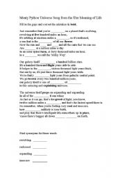 English Worksheet: Monty Pythons Universe Song