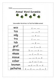 English worksheet: Animals 2 - Word Scramble *Fully editable