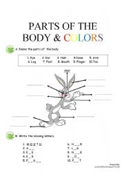 English Worksheet: Parts of the Body and Colors