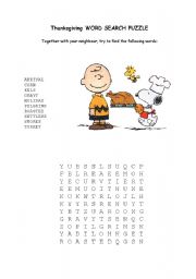 English worksheet: word search puzzle thanksgiving 