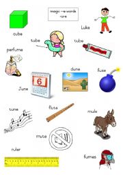 English Worksheet: Magic e words - long u 