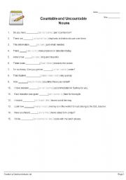 English Worksheet: Countable and Uncountable Nouns