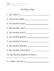 English Worksheet: All About Me
