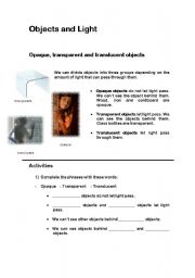 English Worksheet: Objects and Light