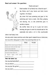 English Worksheet: Family and sport