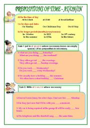 English Worksheet: the time of preposition at in on