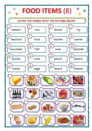 English Worksheet: FOOD ITEMS - MATCH - 8