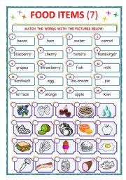 English Worksheet: FOOD ITEMS - MATCH - 7