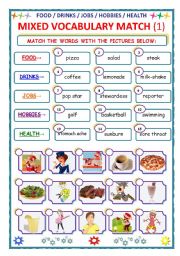 English Worksheet: MIXED VOCABULARY - MATCH - Part 1